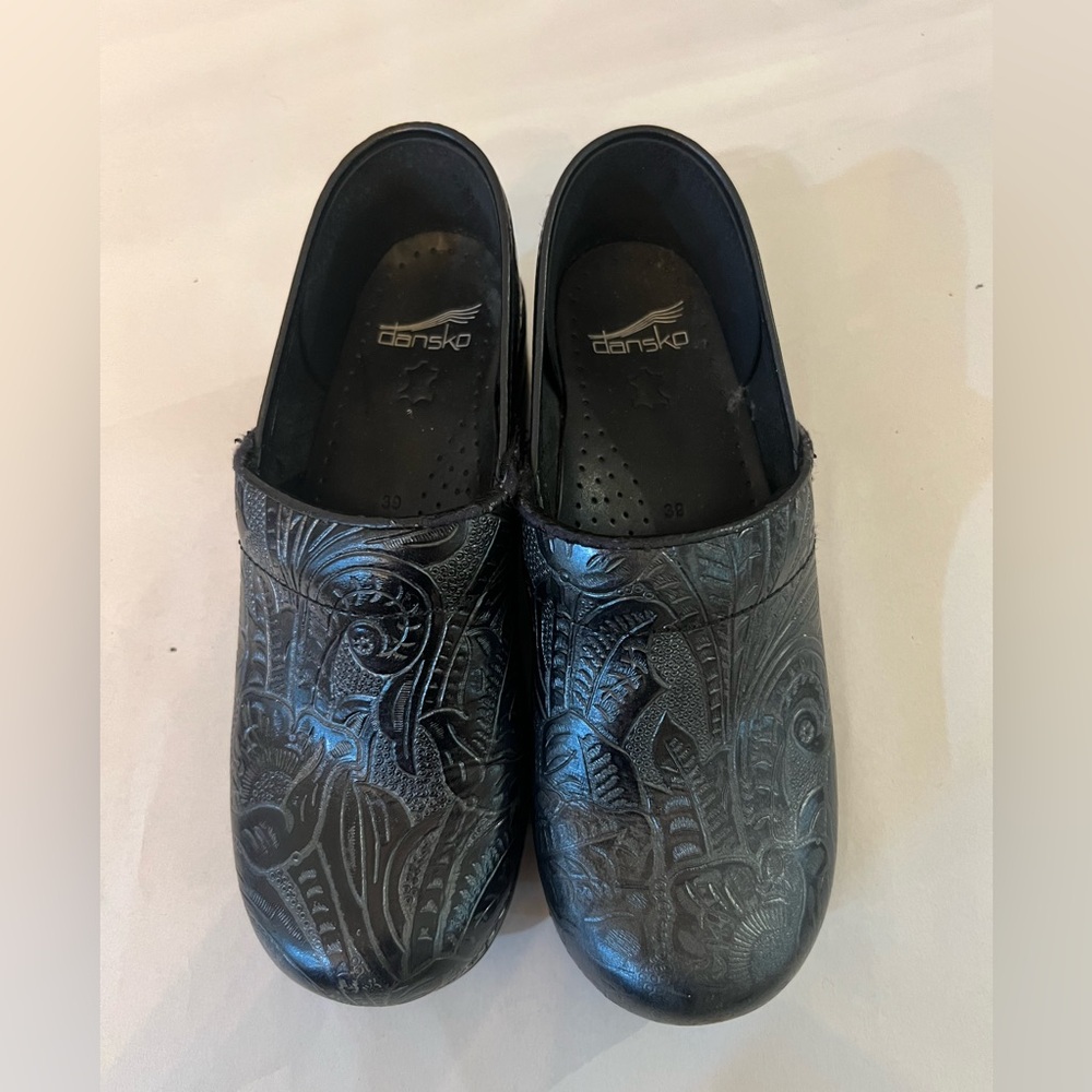 DANSKO Black Paisley Leather Professional Clogs Mules Shoes- Size 8.5-9US